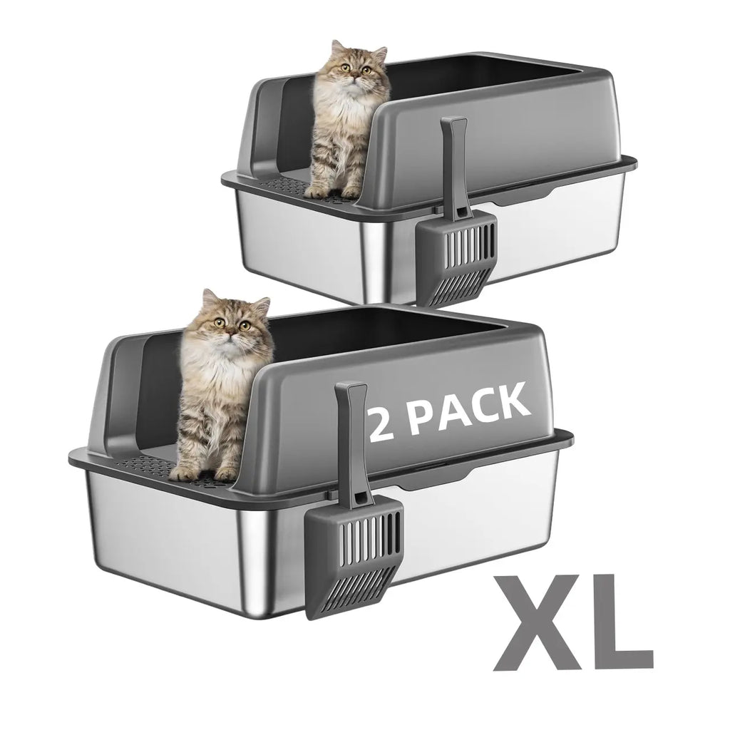 MISOFOG Stainless Steel High-Sided Litter Box with Lid - Non-Sticky, Anti-Leakage Tray, Large Size 2-Pack for Easy Cleanup for Cats and Rabbits