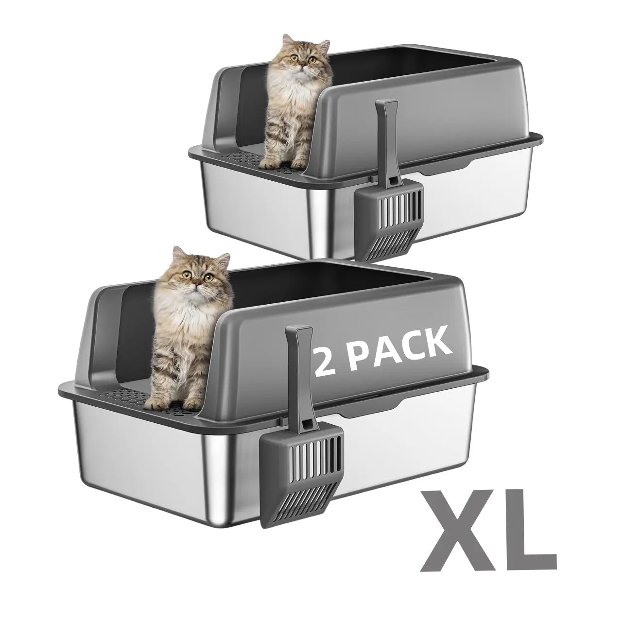 MISOFOG Stainless Steel High-Sided Litter Box with Lid - Non-Sticky, Anti-Leakage Tray, Large Size 2-Pack for Easy Cleanup for Cats and Rabbits