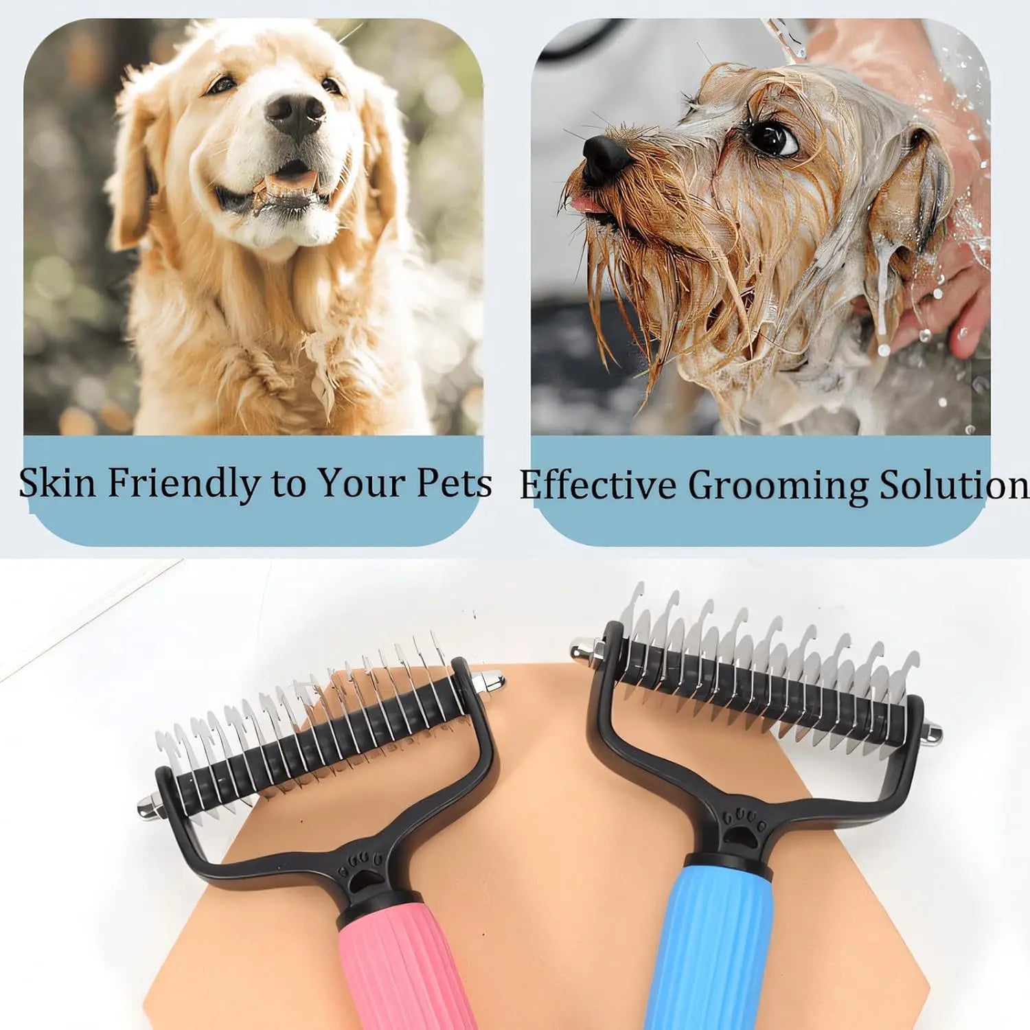 Double-Sided Dematting Comb and Deshedding Brush for Cats and Long-Haired Dogs, Effective Undercoat Rake for Matted Fur Removal