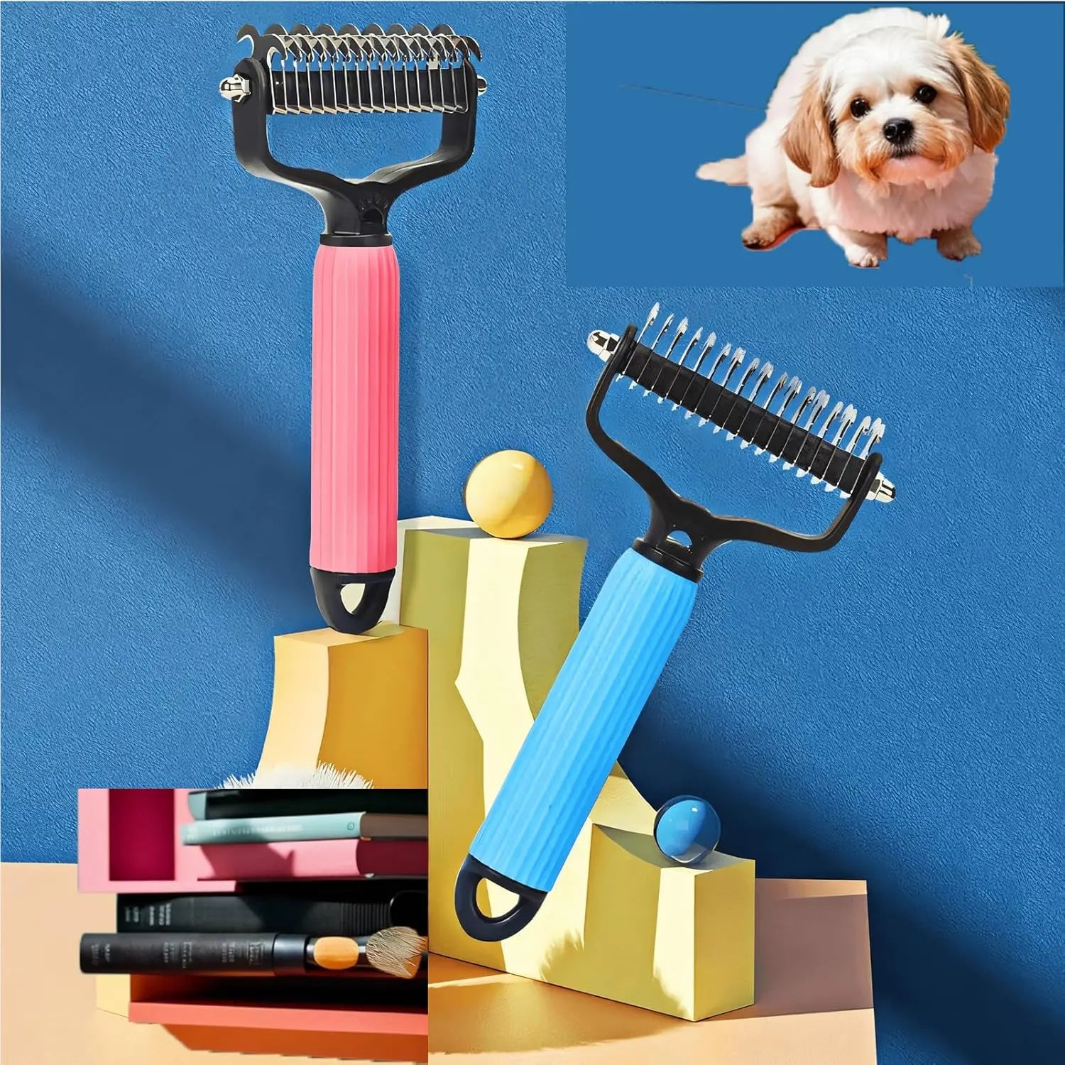 Double-Sided Dematting Comb and Deshedding Brush for Cats and Long-Haired Dogs, Effective Undercoat Rake for Matted Fur Removal