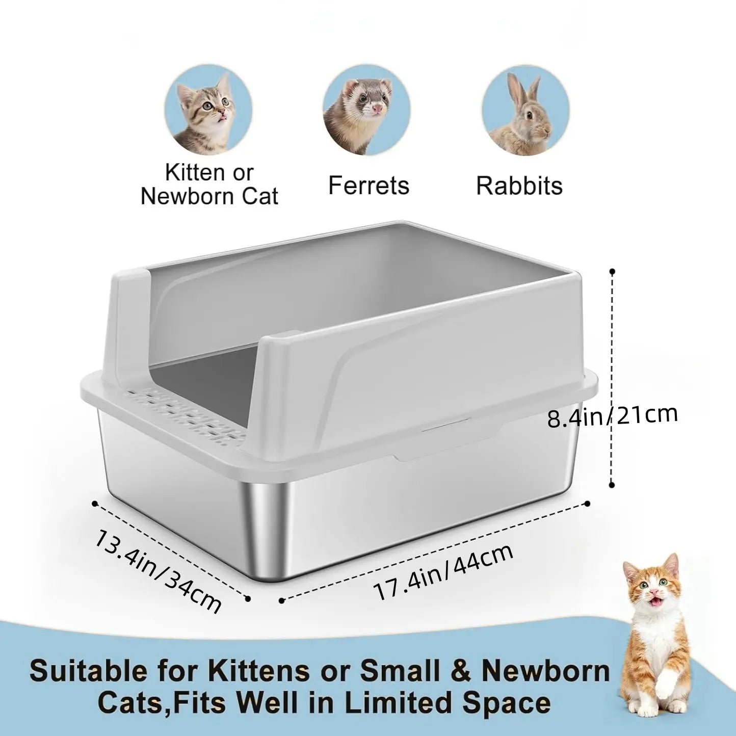 MISOFOG Stainless Steel High-Sided Litter Box with Lid - Non-Sticky, Anti-Leakage Tray, Large Size 2-Pack for Easy Cleanup for Cats and Rabbits