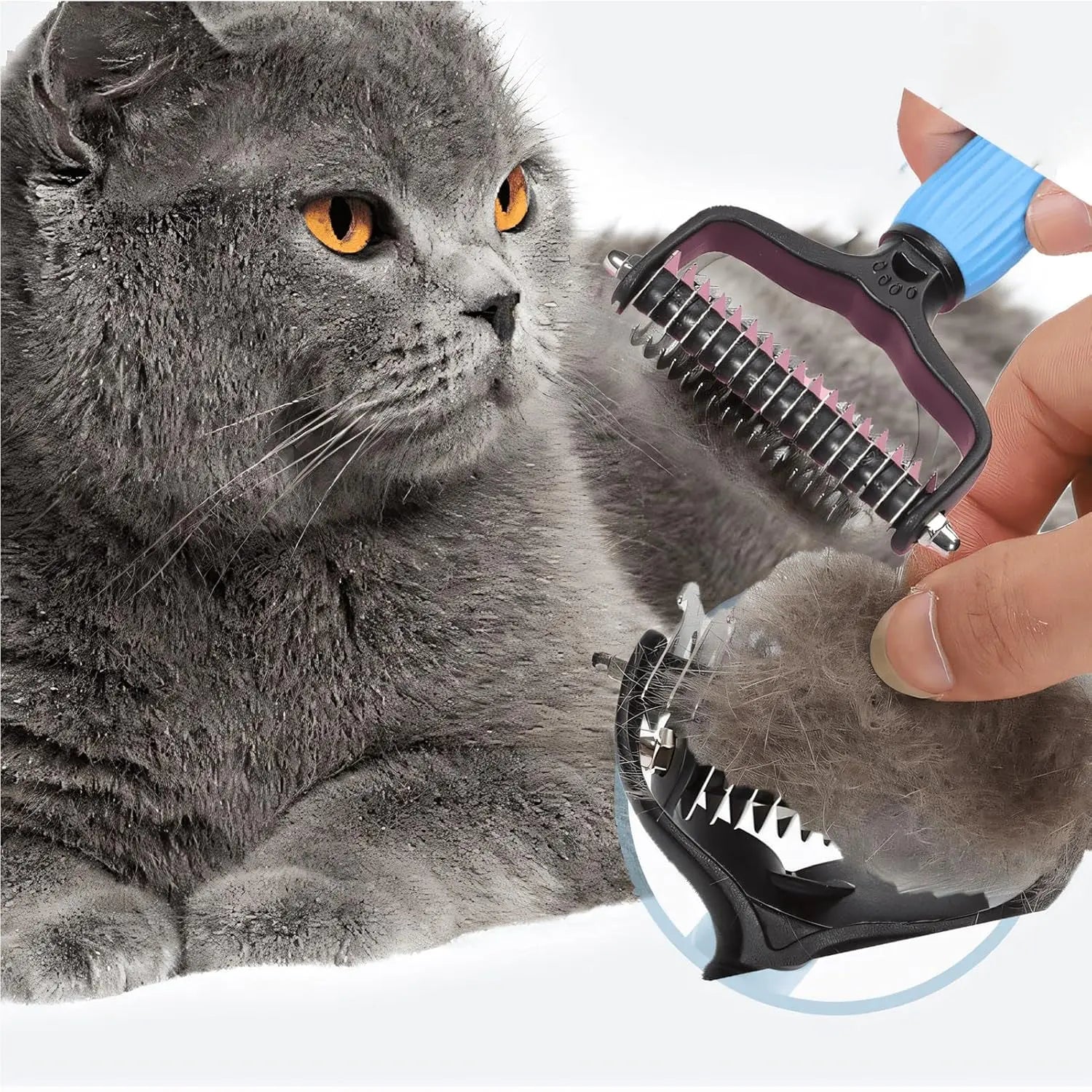 Double-Sided Dematting Comb and Deshedding Brush for Cats and Long-Haired Dogs, Effective Undercoat Rake for Matted Fur Removal